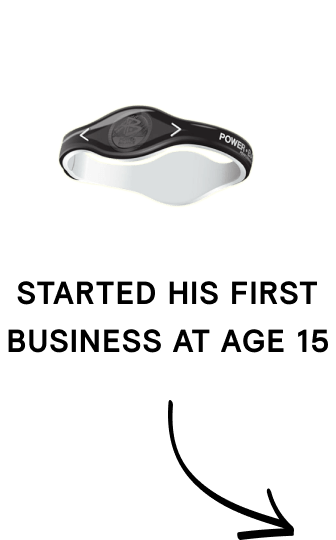 Image and text that reads "started his first business at age 15"